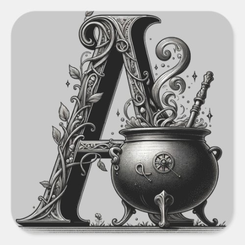 Witch Cauldron Witchy Letter A Custom Initial  Square Sticker