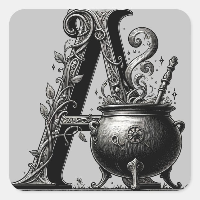 Witch Cauldron Witchy Letter A Custom Initial  Square Sticker (Front)