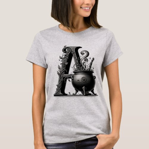 Witch Cauldron Witchy Letter A Custom Initial  T_Shirt
