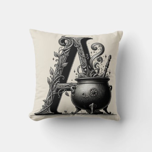 Witch Cauldron Witchy Letter A Custom Initial  Throw Pillow