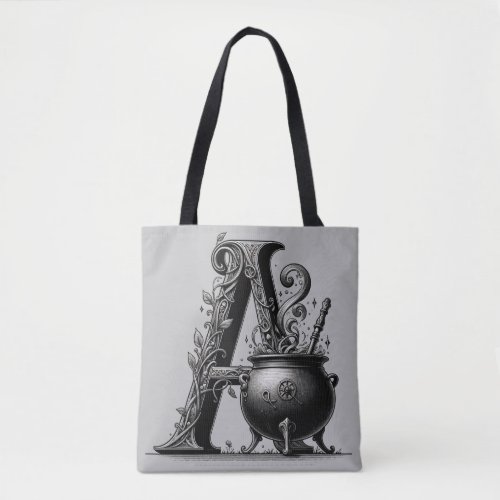 Witch Cauldron Witchy Letter A Custom Initial  Tote Bag