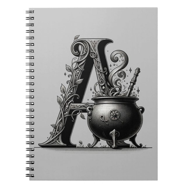 Witch Cauldron Witchy Letter A Initial Grimoire Notebook (Front)