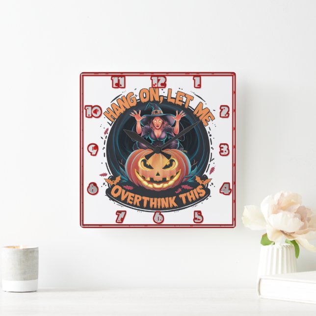 Witch conjuring thoughts by a glowing pumpkin square wall clock (Home)