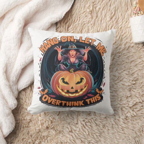 Witch conjuring thoughts by a glowing pumpkin throw pillow