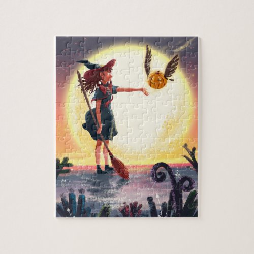 Witch Controlling A Cute Flying Pumpkin Fantasy Jigsaw Puzzle