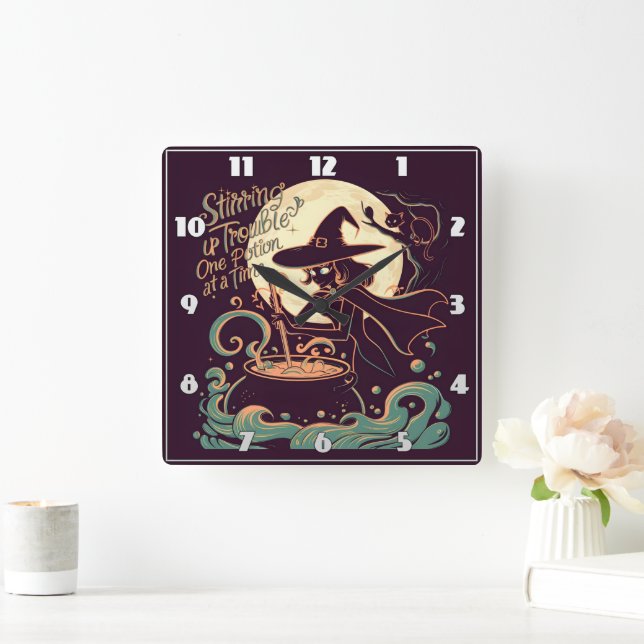 Witch creating potions under a glowing moon square wall clock (Home)