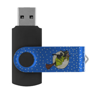 Witch Crescent Moon Black Cat Stars Halloween Flash Drive