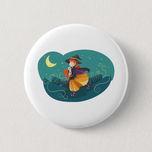 Witch Cute Friendly Cat Adorable Friend Moon Button (Front)