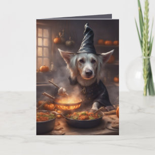 Witch Dog Cooks a Halloween feast greeting Card