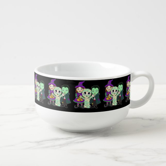 Witch, Dracula and Mummy Kids in Costumes  Soup Mug (Left)