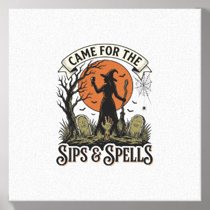 Witch Drinking Shirt Sips and Spells Vintage Hallo Canvas Photo Tile