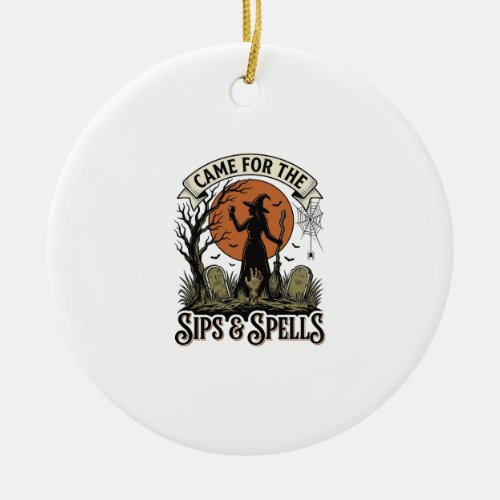 Witch Drinking Shirt Sips and Spells Vintage Hallo Ceramic Ornament