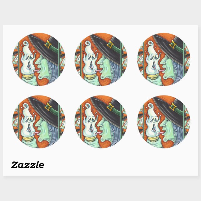 WITCH EATING SCREAMING ICE CREAM CONE, HALLOWEEN CLASSIC ROUND STICKER (Sheet)