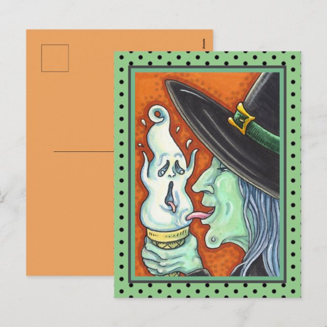 WITCH EATING SCREAMING ICE CREAM CONE, HALLOWEEN H HOLIDAY POSTCARD (Front/Back)