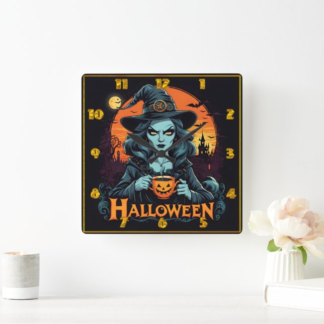 Witch enjoying pumpkin drink on Halloween night Square Wall Clock (Home)
