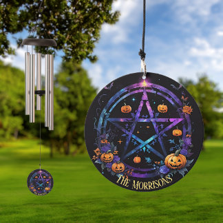 Witch Family Name Samhain Pentacle & Fall Pumpkins Wind Chime