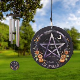 Witch Family Name Samhain Pentacle & Fall Pumpkins Wind Chime