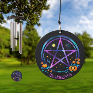 Witch Family Name Samhain Pentacle & Fall Pumpkins Wind Chime