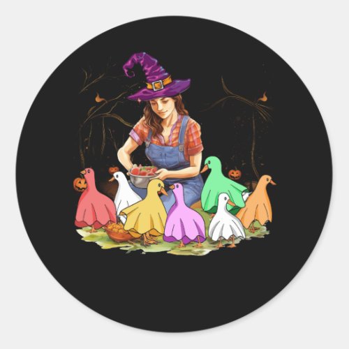 Witch Feeding Ducks Ghost Farm Farmer Halloween Co Classic Round Sticker