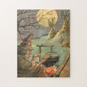Witch Fire Cauldron Full Moon Night Jigsaw Puzzle