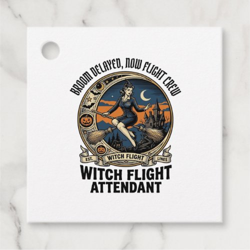 Witch flight attendant Halloween broom broke desig Favor Tags