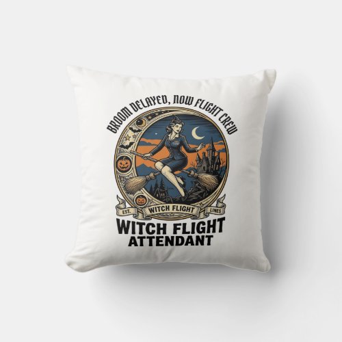 Witch flight attendant Halloween broom broke desig Throw Pillow