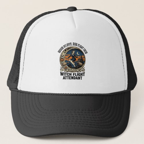 Witch flight attendant Halloween broom broke desig Trucker Hat