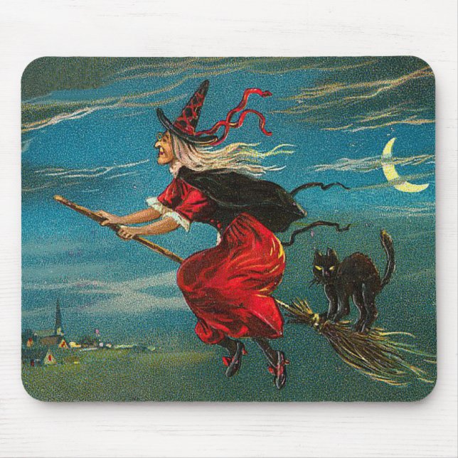 Witch Flying Black Cat Crescent Moon Mouse Pad (Front)