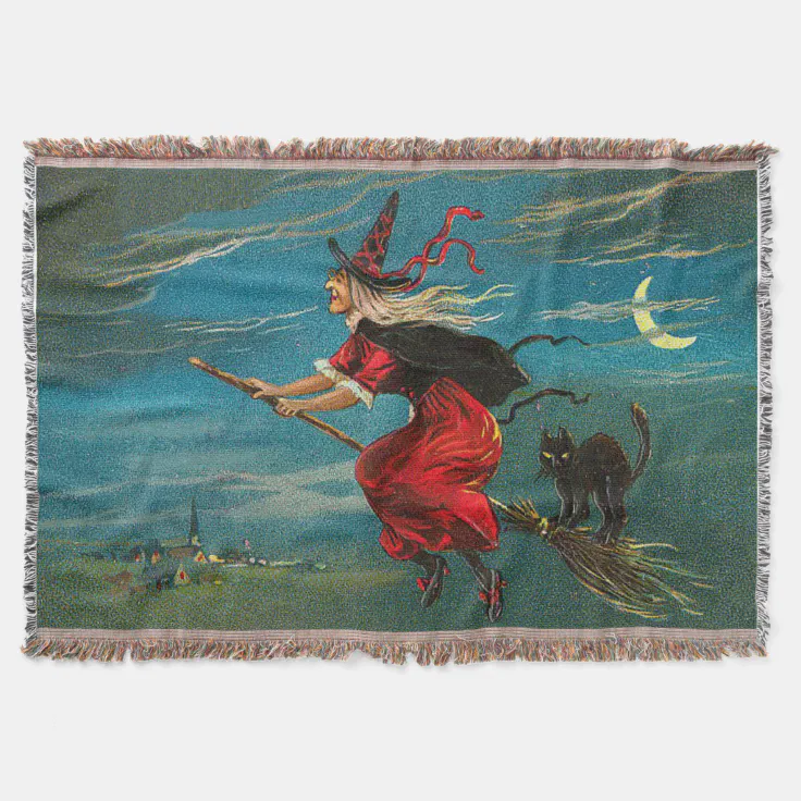 Witch Flying Black Cat Crescent Moon Throw Blanket Zazzle