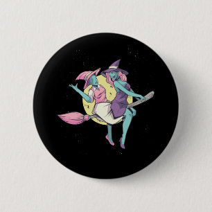 Witch Flying Broom Halloween Design Button