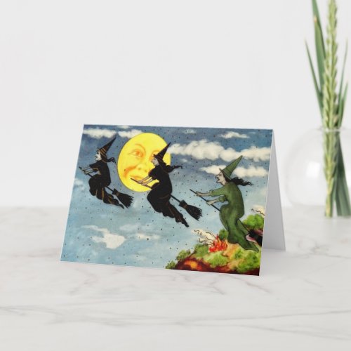 Witch Flying Broom Man In The Moon Sky Card