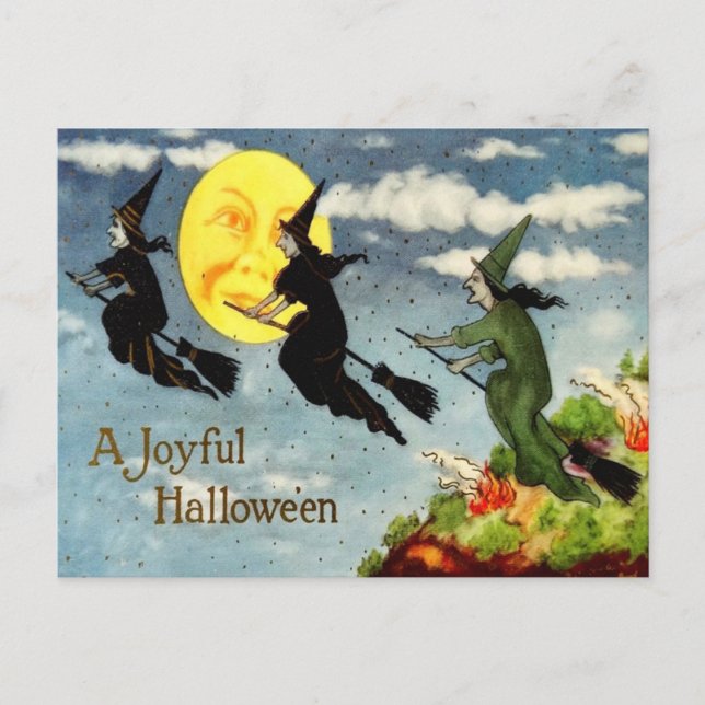 Witch Flying Broom Man In The Moon Sky Postcard (Front)