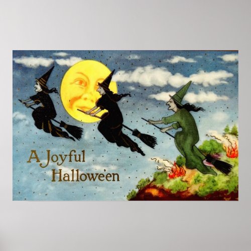 Witch Flying Broom Man In The Moon Sky Poster