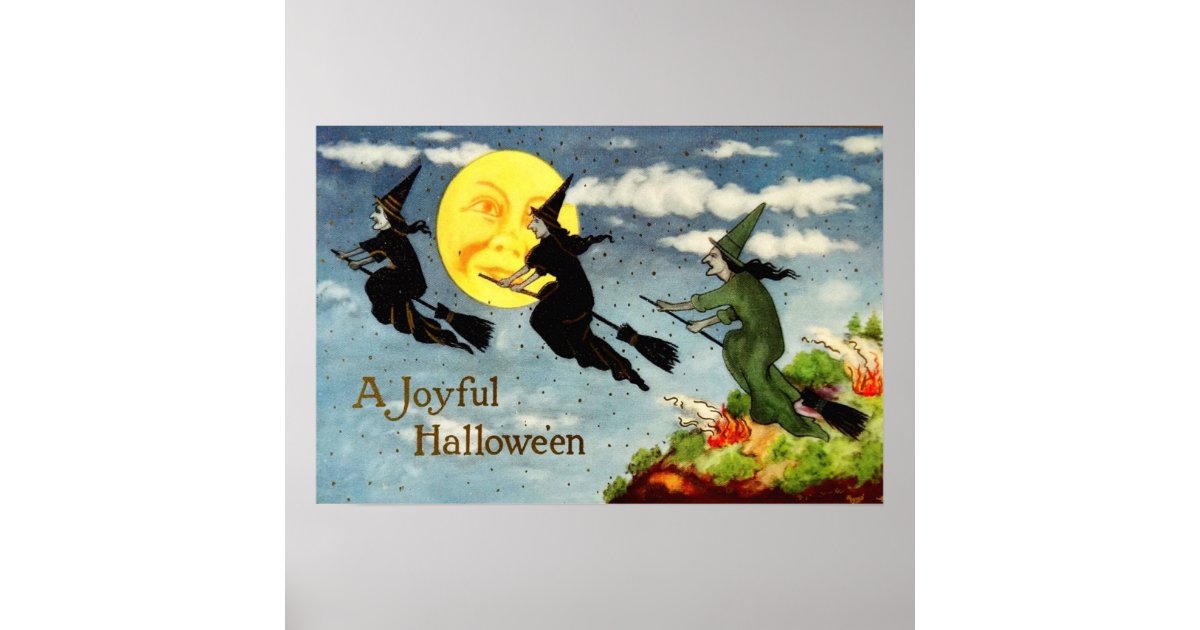 Witch Flying Broom Man In The Moon Sky Poster | Zazzle