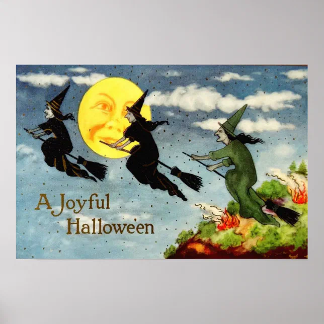 Witch Flying Broom Man In The Moon Sky Poster | Zazzle