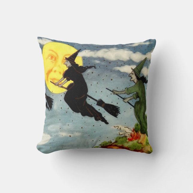 Witch Flying Broom Man In The Moon Sky Throw Pillow (Front)