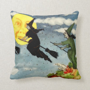 Witch Flying Broom Man In The Moon Sky Throw Pillow