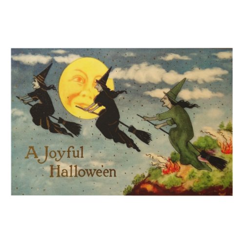 Witch Flying Broom Man In The Moon Sky Wood Wall Art