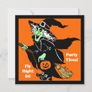 Witch Flying Halloween Cartoon Invitation