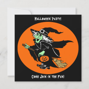 Witch Flying Halloween Cartoon Invitation Card