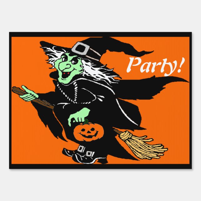 Witch Flying Halloween Cartoon Party Sign (Back)