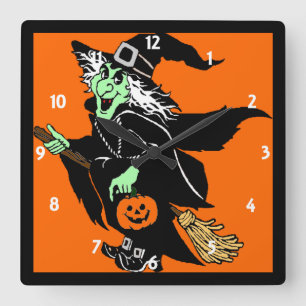 Witch Flying Halloween Cartoon Wall Clock