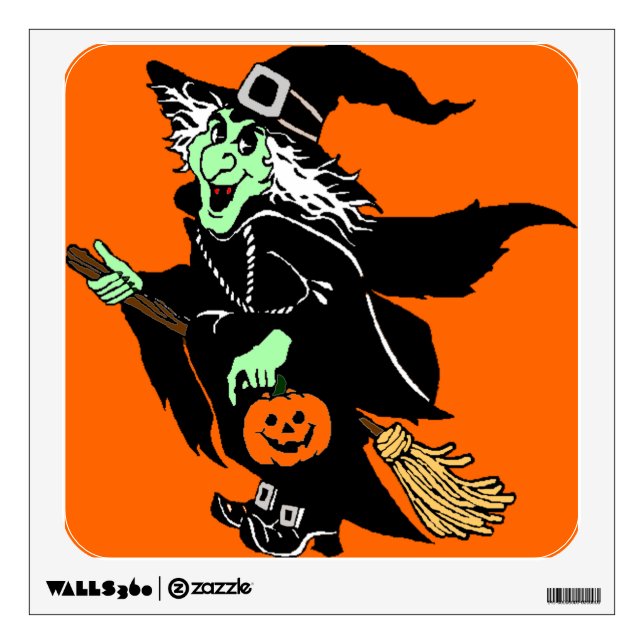 Witch Flying Halloween Cartoon Wall Decal (Front)