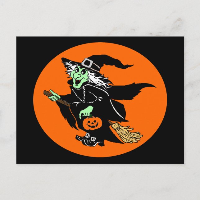 Witch Flying Halloween Oval Cartoon Postcard (Front)