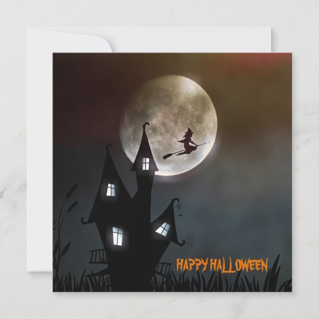 Witch Flying Happy Halloween Personalized Card (Front)