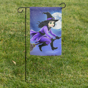 Witch flying of a broom - Wicca Halloween 1 Garden Flag