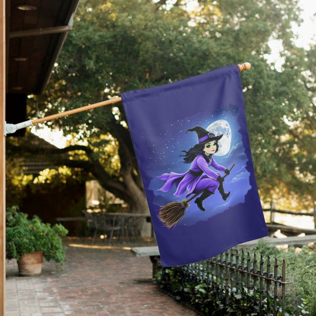Witch flying of a broom - Wicca Halloween 1 House Flag (In SItu)