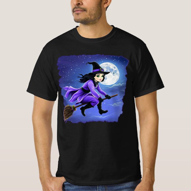 Witch flying of a broom - Wicca Halloween 1 T-Shirt (Front)
