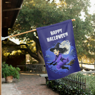 Witch flying of a broom - Wicca Halloween 7 House Flag