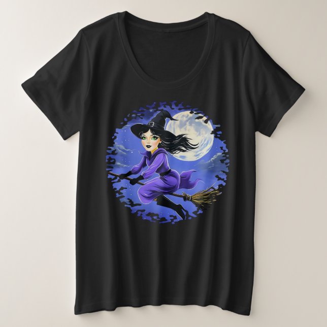 Witch flying of a broom - Wicca Halloween 7 Plus Size T-Shirt (Design Front)